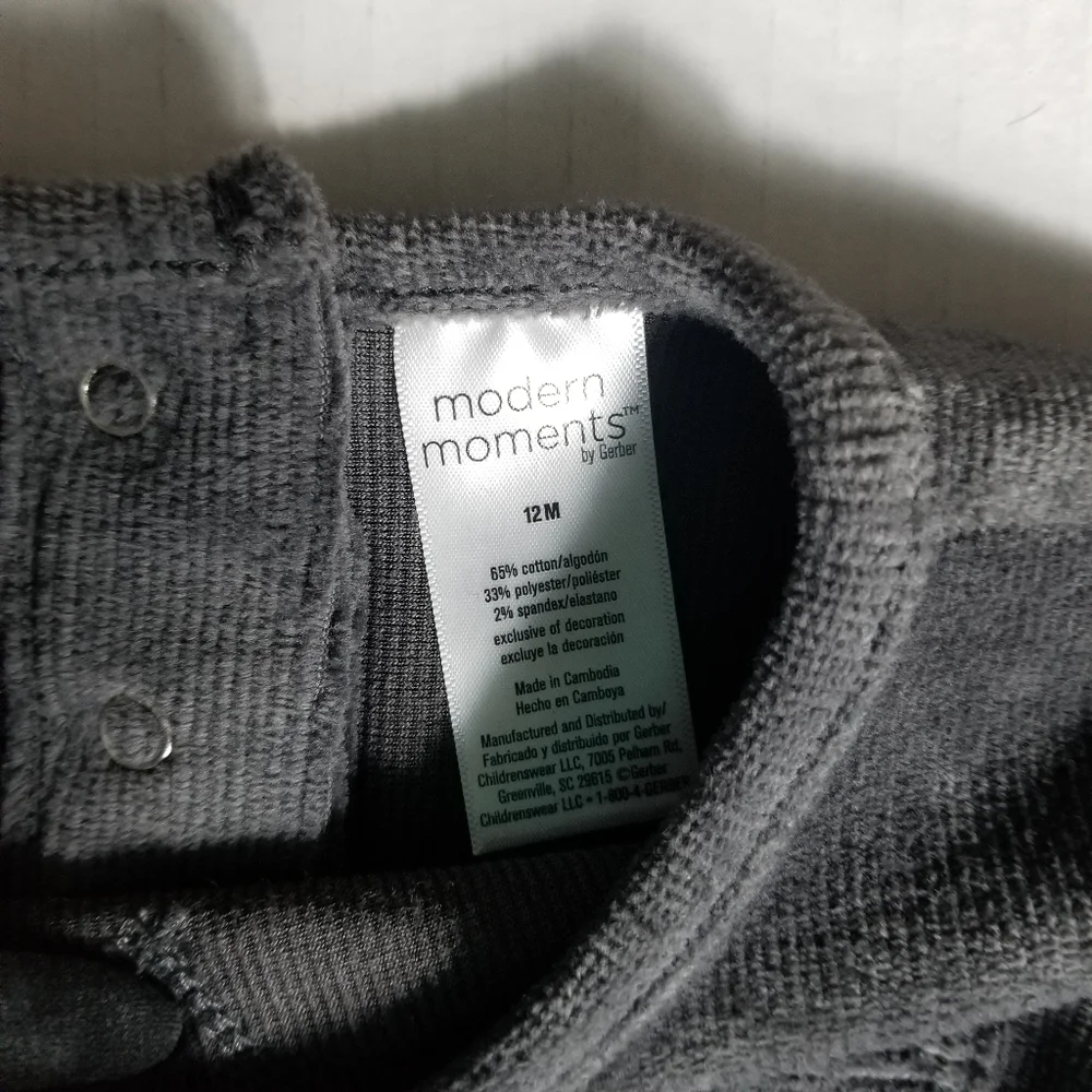 NWT MODERN MOMENTS GERBER SOFT CORDUROY OUTFIT DARK GRAY SIZE 12 MONTHS